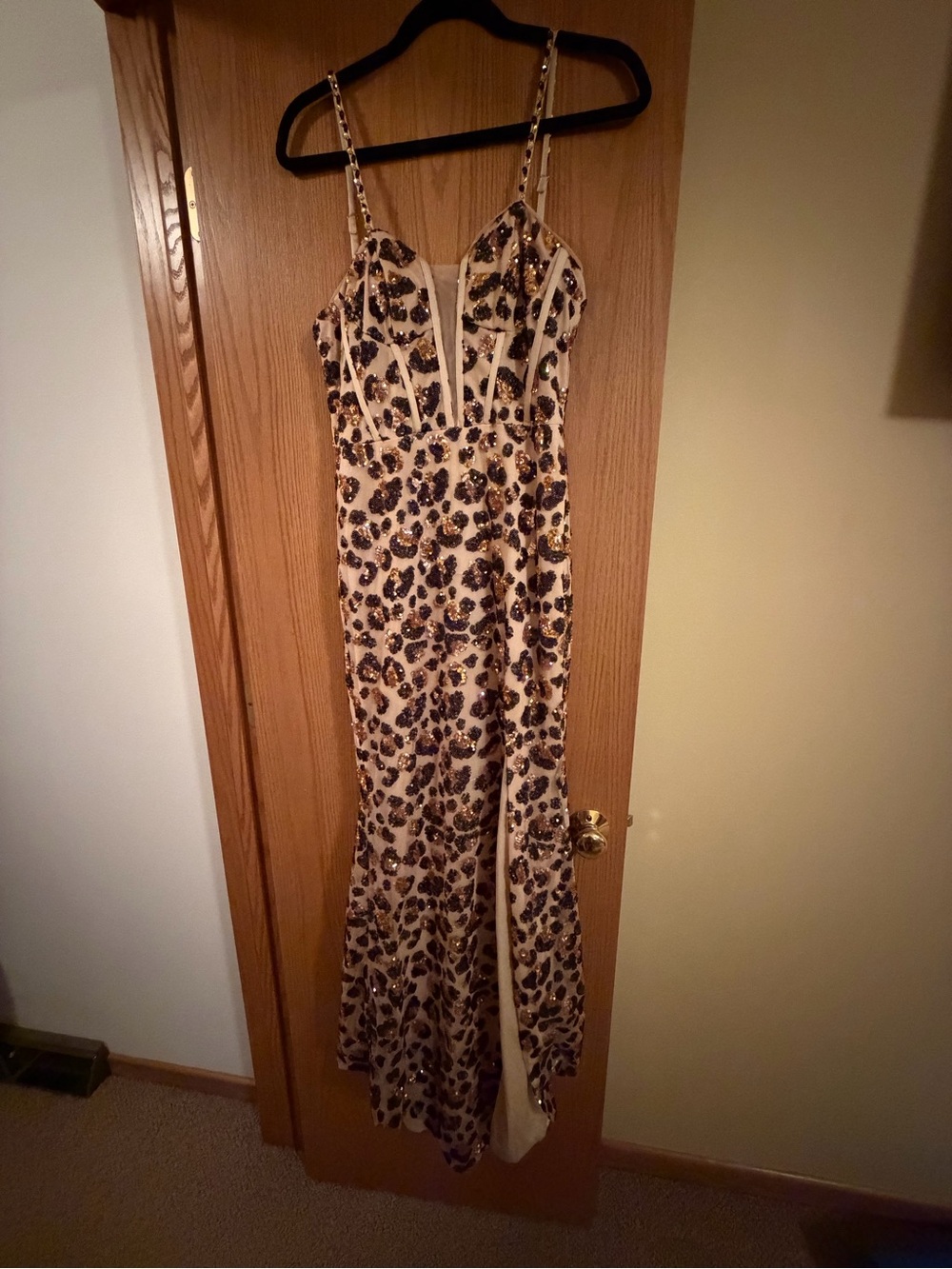 Jovani Cream and Black Sequin Leopard Print Prom Dress
